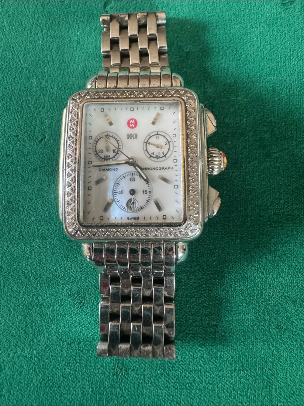 Michele Silver Diamond-Accent Square Chronograph Watch with White Dial